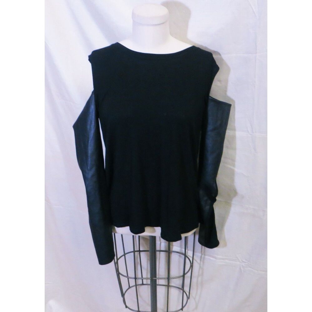 BCBG Maxazria Vinessa Styled Faux Leather Sleeves Black Top Size M